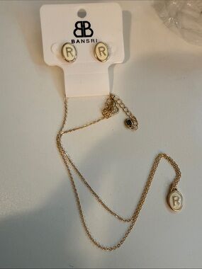 Bansri Gold-Tone Initial 'R' Necklace & Stud Earrings Set in Ivory